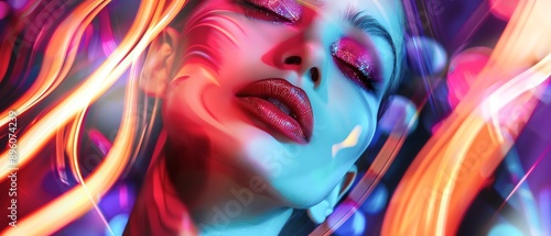 Abstract photo of a woman with glowing neon colors around her, creating a dreamy and surreal atmosphere, perfect for artistic and creative projects.