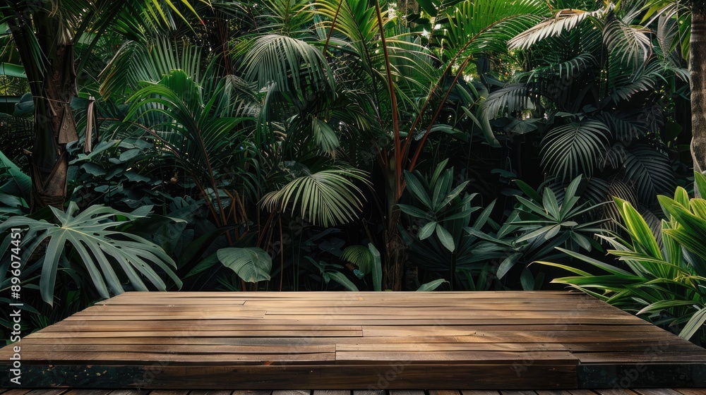 Wooden podium in a jungle garden, ideal for beauty product presentations with green foliage and tropical plants Wooden podium in a jungle garden, ideal for beauty product presentations with green foliage and tropical plants