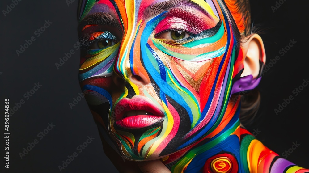 Vibrant and intricate face paint artwork showcasing vivid, multi-colored designs on a woman's face against a dark background.