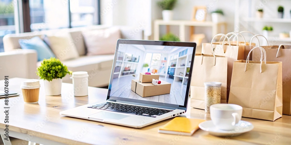 Online Shopping and Home Office Setup. A laptop displaying an e-commerce website with packages is placed on a wooden desk alongside coffee cups, shopping bags, and office supplies. Online Shopping and Home Office Setup. A laptop displaying an e-commerce website with packages is placed on a wooden desk alongside coffee cups, shopping bags, and office supplies.
