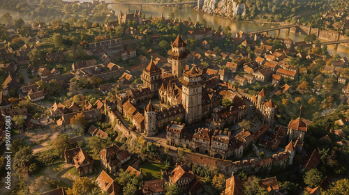 medieval walled city or town with castle, forest, houses and villages around. Aerial view of the landscape for the background of a medieval history wallpaper