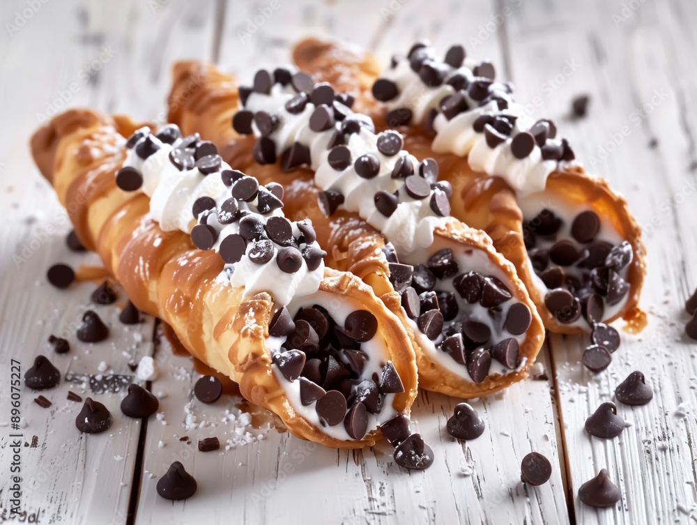 Cannoli with chocolate chips and cream on a rustic white wooden background, Italian pastry Cannoli with chocolate chips and cream on a rustic white wooden background, Italian pastry