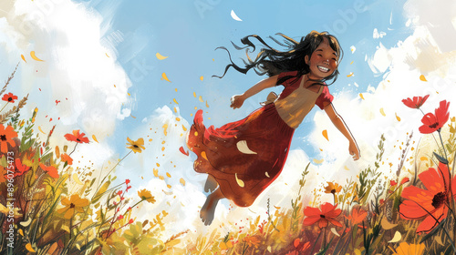 A young girl in a red dress runs through a field of flowers, smiling and looking up at the bright blue sky photo