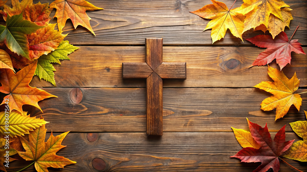 Obraz premium Wooden Cross with Autumn Leaves on Rustic Background.