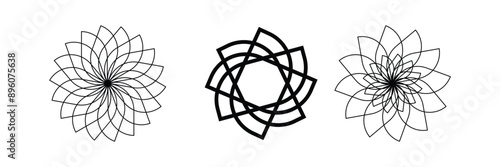 Pattern of overlapping arcs and circles, white line icons set vector illustration. Abstract rings intersect in creative geometric minimal texture, circular geometry subtle elements and frames overlap 
