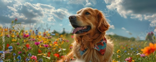 A fluffy Golden Retriever with a colorful bandana around its neck, sitting in a field of wildflowers, under a bright, sunny sky, radiating warmth and friendliness