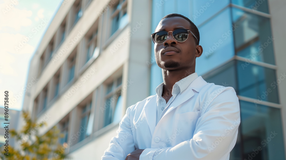 A black man in a white lab coat and sunglasses stands outside a modern hospital building A black man in a white lab coat and sunglasses stands outside a modern hospital building