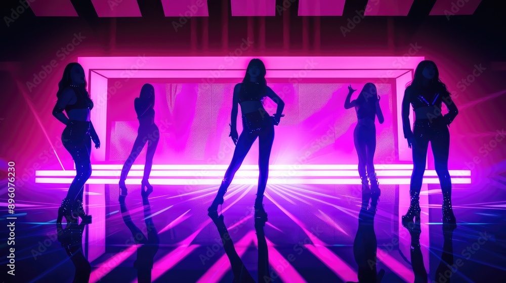 Female Kpop starts silhouette in neon lit stae background, South Korea asia k pop idols Female Kpop starts silhouette in neon lit stae background, South Korea asia k pop idols