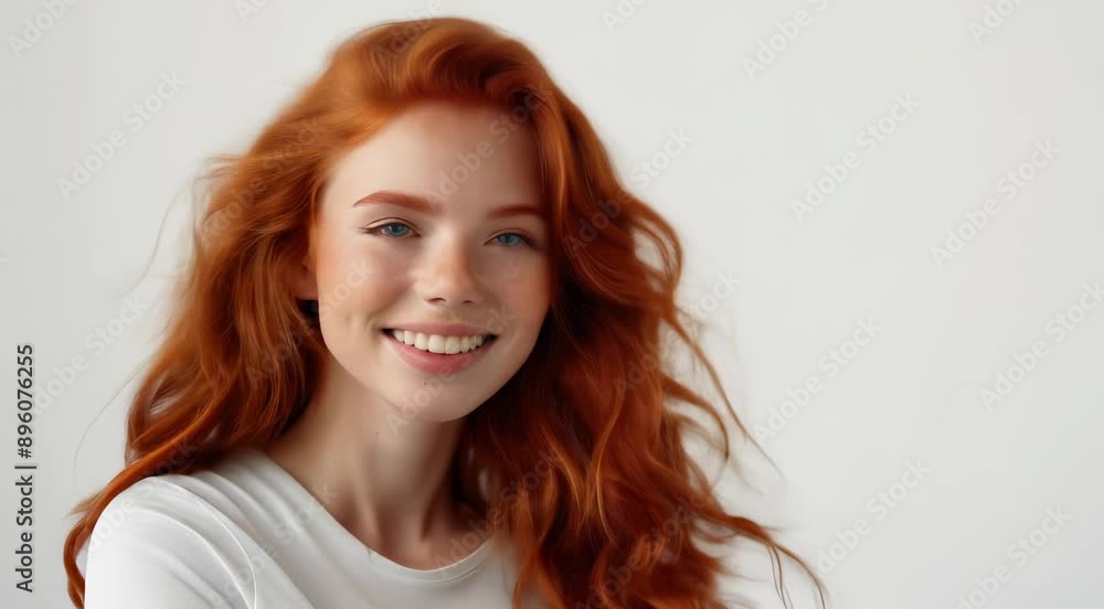 Portrait of a smiling young woman with long red hair and freckles, looking at the camera, wearing a white shirt against a light background. Portrait of a smiling young woman with long red hair and freckles, looking at the camera, wearing a white shirt against a light background.