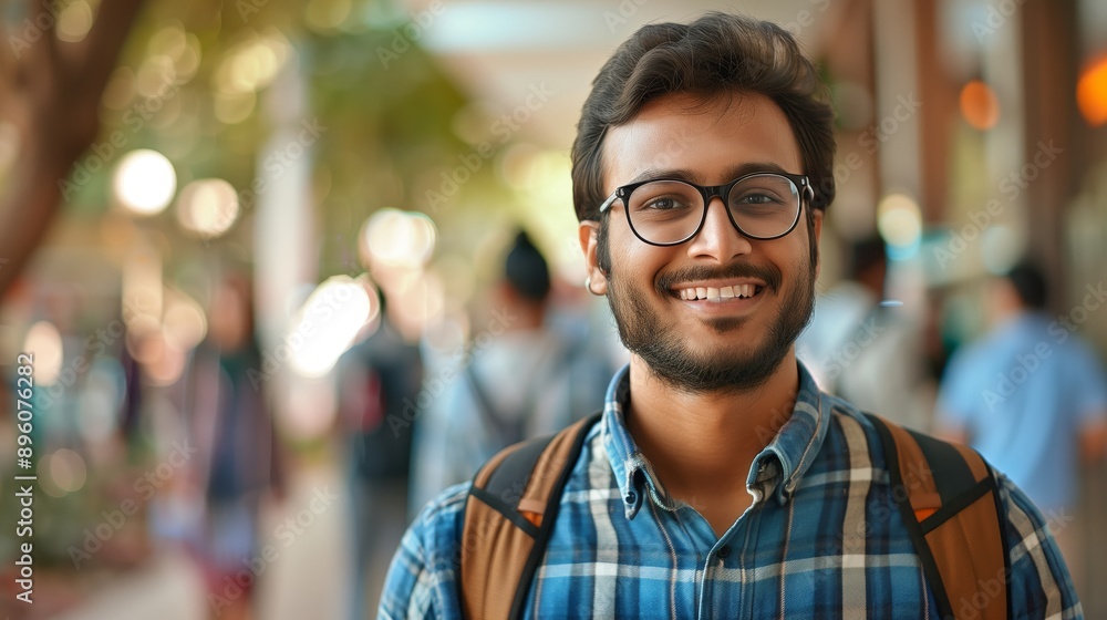 Fototapeta premium A handsome young Indian student is smiling while standing in the hall of his university