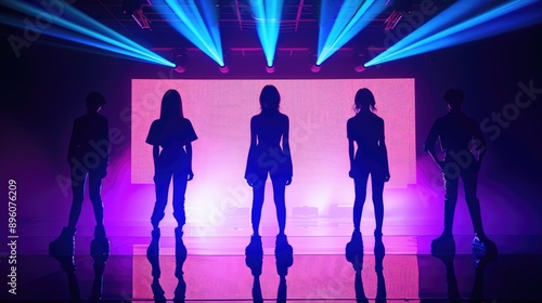Female Kpop starts silhouette in neon lit stae background, South Korea asia k pop idols 
