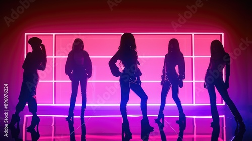 Female Kpop starts silhouette in neon lit stae background, South Korea asia k pop idols 