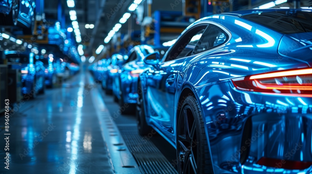 Car production line in a factory with a car body on a frame for use as background or wallpaper Car production line in a factory with a car body on a frame for use as background or wallpaper