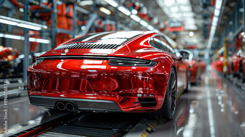 Car production line in a factory with a car body on a frame for use as background or wallpaper