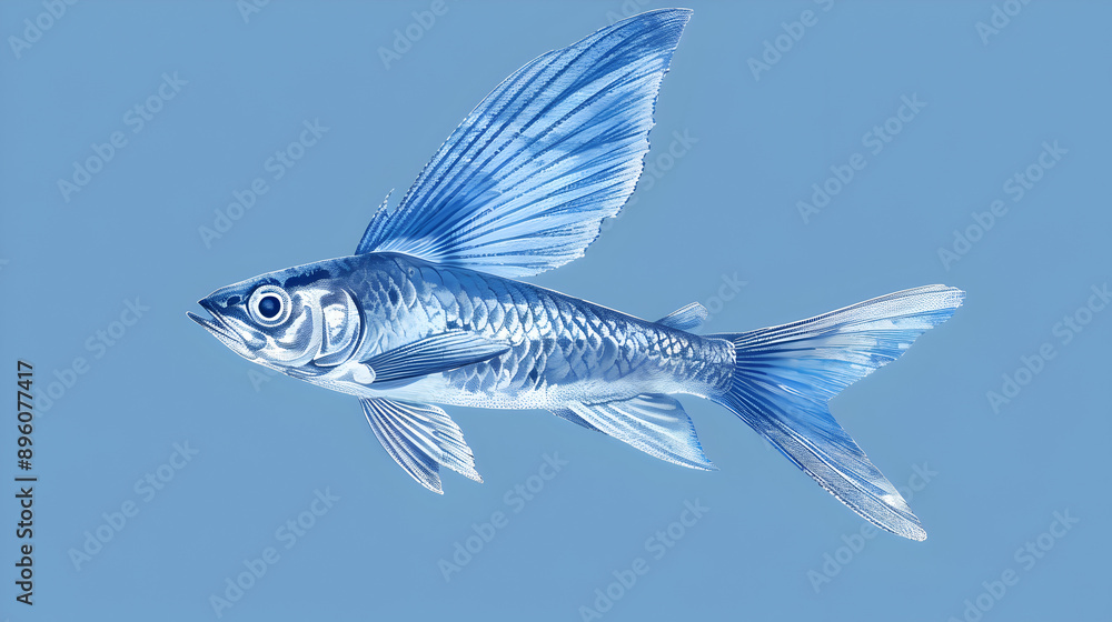 Flying Fish: A fish with wings flying on a solid indigo background.


