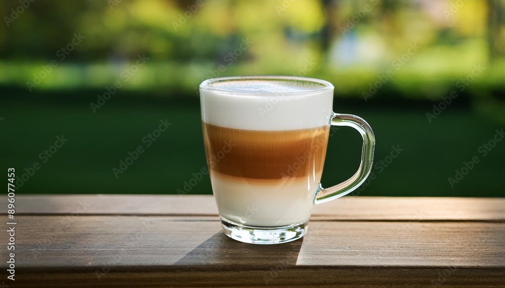 Latte macchiato in glass cup, coffee and milk layers. Tasty hot drink on wooden table. Close-up Latte macchiato in glass cup, coffee and milk layers. Tasty hot drink on wooden table. Close-up