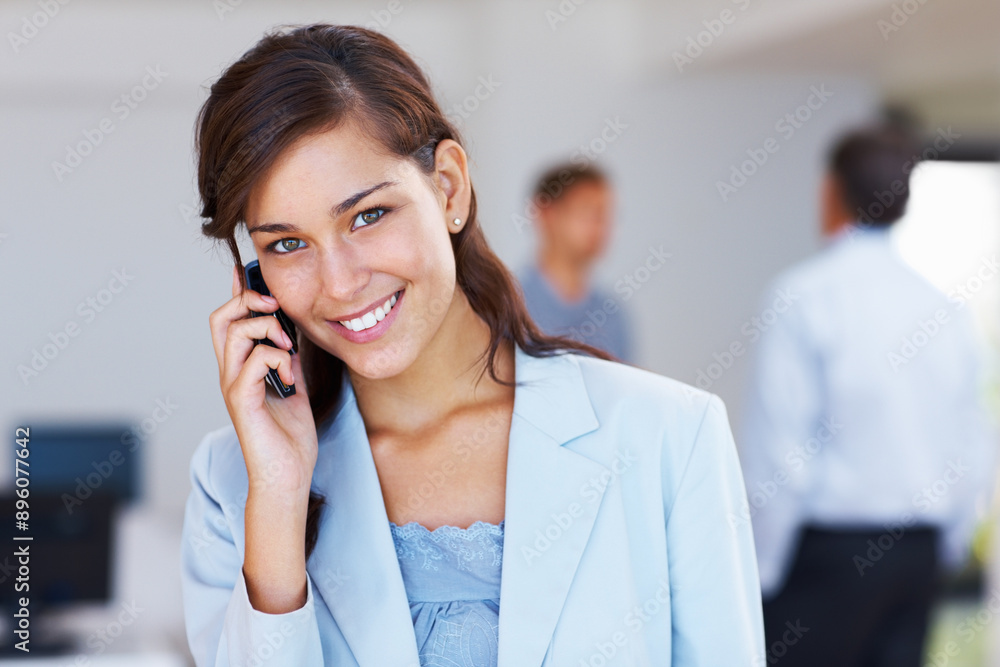 Portrait, business woman and phone call in office for listening, hearing and networking with contact. Female secretary, mobile and calling with client for planning, talking and schedule appointment Portrait, business woman and phone call in office for listening, hearing and networking with contact. Female secretary, mobile and calling with client for planning, talking and schedule appointment