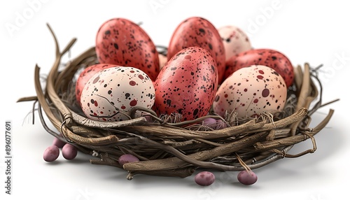 A detailed Easter icon of a nest filled with speckled eggsrendered in high-definition with lifelike textures and colorsisolated on a white background photo