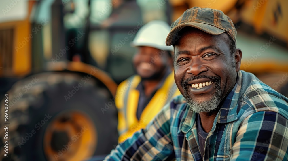 portrait of two smiling heavy machinery roadmen sitting on the back portrait of two smiling heavy machinery roadmen sitting on the back