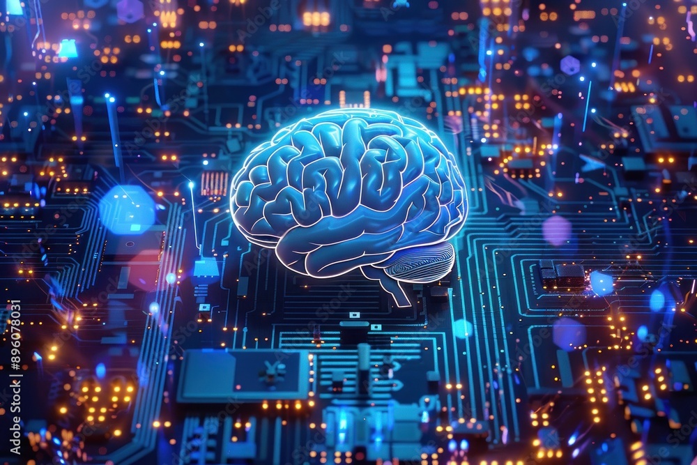 Central glowing brain on futuristic circuit board Central glowing brain on futuristic circuit board