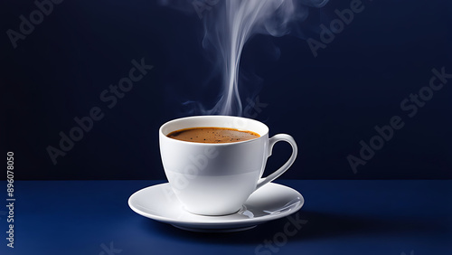 Create an image of a white coffee cup filled almost to the brim with coffee, with steam rising visibly above the cup
