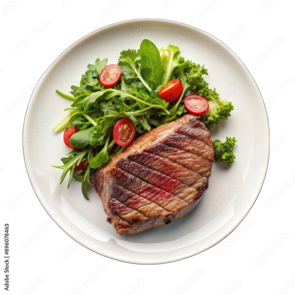 Medium rare steak with green salad on white plate isolated on transparent background Medium rare steak with green salad on white plate isolated on transparent background