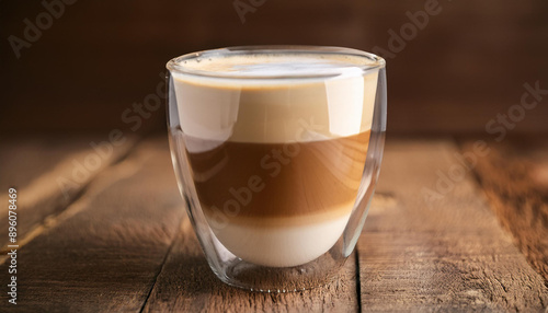 Latte macchiato in glass cup, coffee and milk layers. Tasty hot drink on wooden table. Close-up