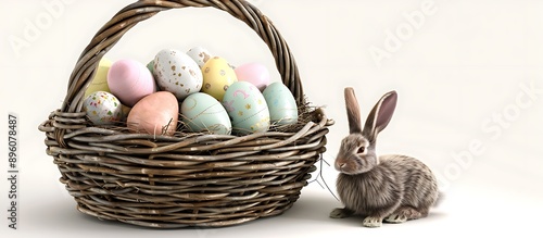 A realistichigh-definition image of a wicker Easter basket filled with colorful eggs and a chocolate bunnyisolated on a white background The textures are lifelike and detailed photo