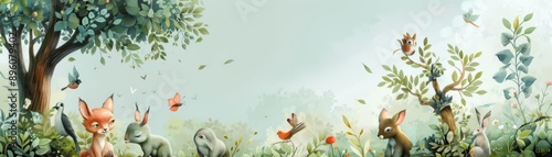 A playful illustration of animals planting trees and caring for a garden, Whimsical, Soft tones, Digital painting, emphasizing the harmony between wildlife and the environment