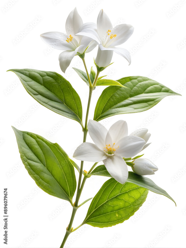 Jasmine flowers (Jasminum) with leaves, isolated on white background Jasmine flowers (Jasminum) with leaves, isolated on white background