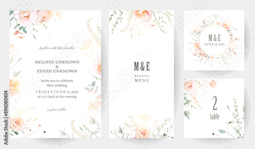 Herbs, branches and rose flowers vector frames. Hand painted branches, leaves on white background. Greenery wedding simple minimalist invitations. Watercolor cards. Elements are isolated and editable