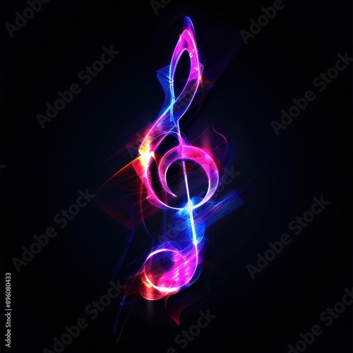 Dynamic neon treble clef with vibrant hues and motion. photo