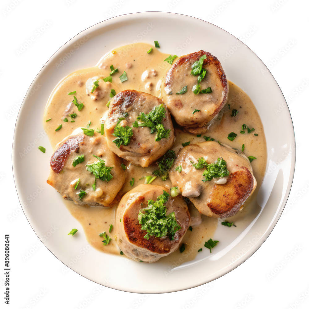 Modern style barbecue pork medallions in cream sauce on transparent background Modern style barbecue pork medallions in cream sauce on transparent background