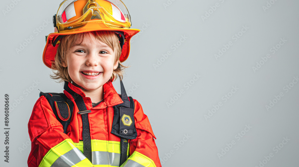 Young Child in Firefighter Costume Smiling with Pride on Plain Background Young Child in Firefighter Costume Smiling with Pride on Plain Background