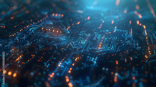 A close-up view of a futuristic circuit board with glowing paths  symbolizing advanced technology and electronic innovation.