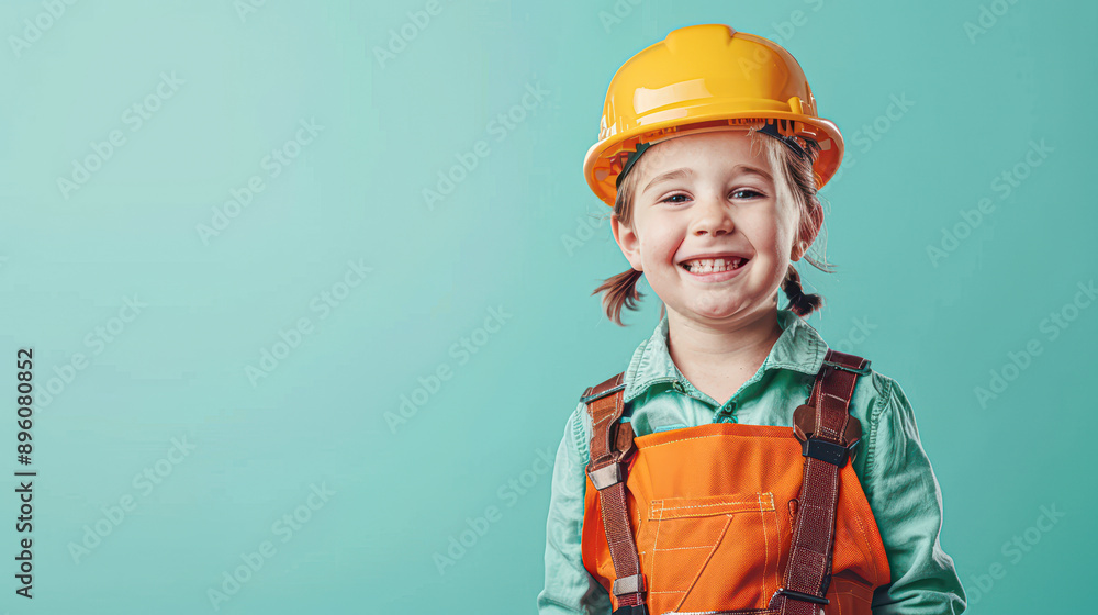 A young girl wearing a yellow hard hat and orange overalls is smiling A young girl wearing a yellow hard hat and orange overalls is smiling
