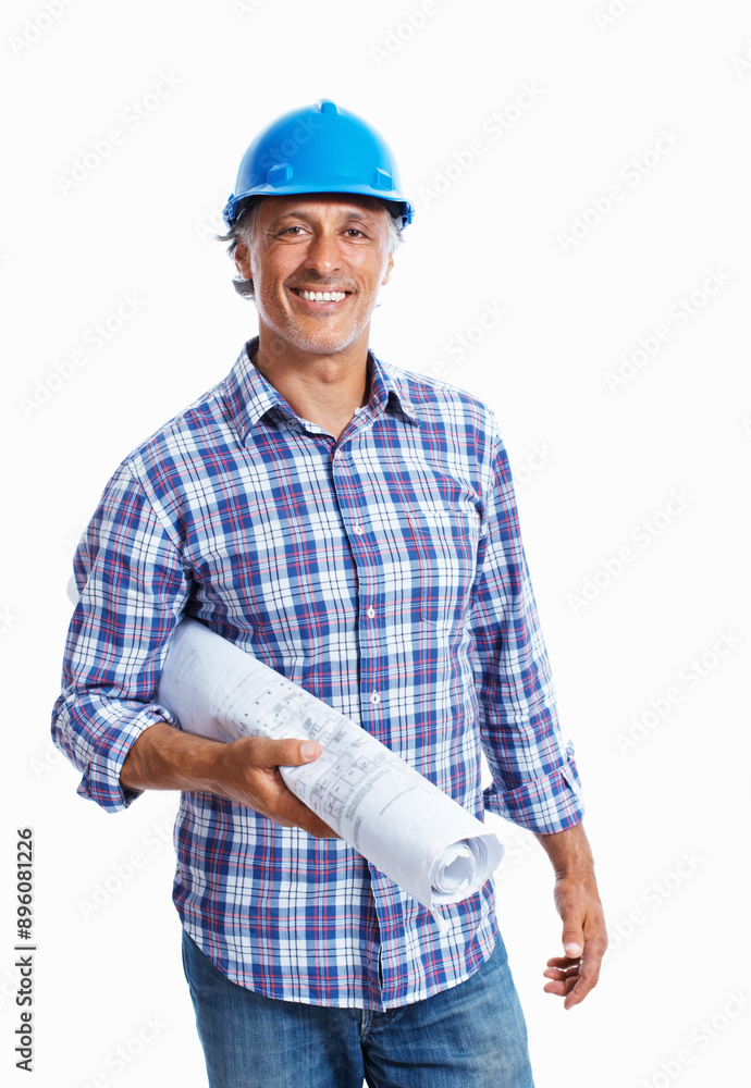 Portrait, engineer and happy man in helmet with blueprint for building floor plan. Smile, mature architect or construction manager and builder with design document isolated on white studio background Portrait, engineer and happy man in helmet with blueprint for building floor plan. Smile, mature architect or construction manager and builder with design document isolated on white studio background