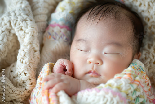 A swaddled newborn baby of Asian descent sleeping peacefully