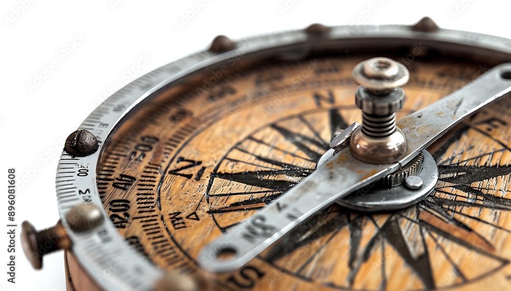 A beautifully crafted wooden compass with metal fittings set against a white background The tool's precise construction and elegant design stand out against the clean backdrop A beautifully crafted wooden compass with metal fittings set against a white background The tool's precise construction and elegant design stand out against the clean backdrop