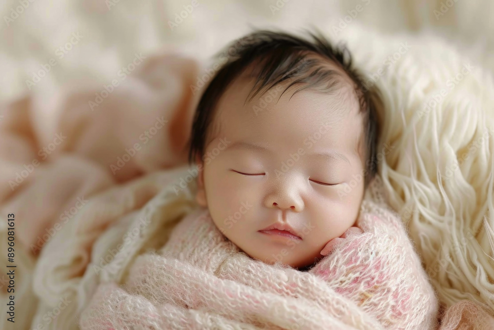 A swaddled newborn baby of Asian descent sleeping peacefully