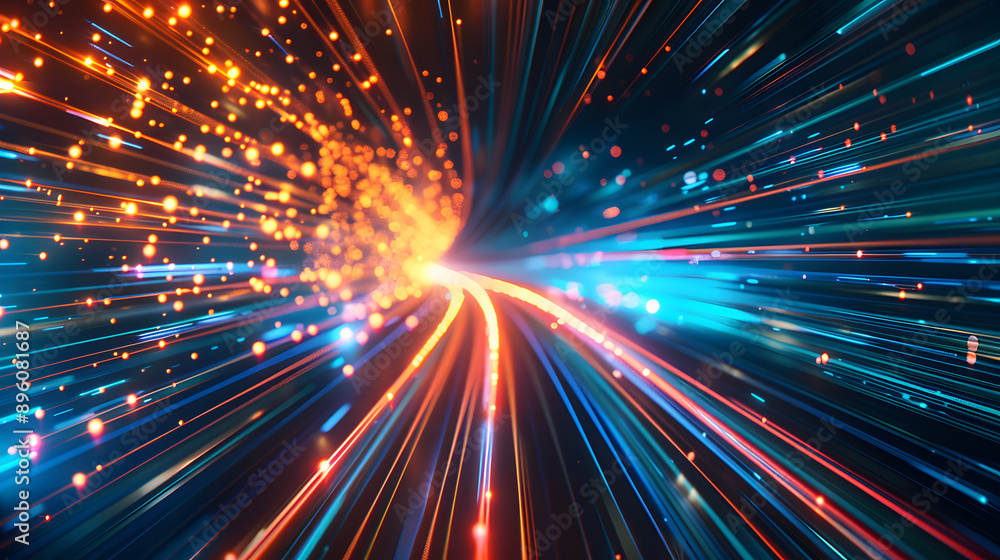 Colorful light trails in digital motion, illustrating the speed and flow of data in a futuristic and vibrant setting. Colorful light trails in digital motion, illustrating the speed and flow of data in a futuristic and vibrant setting.