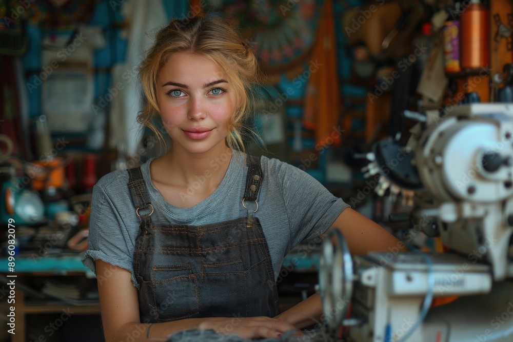 A young woman in messy blonde hair and overalls sits in a cluttered workshop, working attentively on a sewing machine while surrounded by various craft materials. A young woman in messy blonde hair and overalls sits in a cluttered workshop, working attentively on a sewing machine while surrounded by various craft materials.