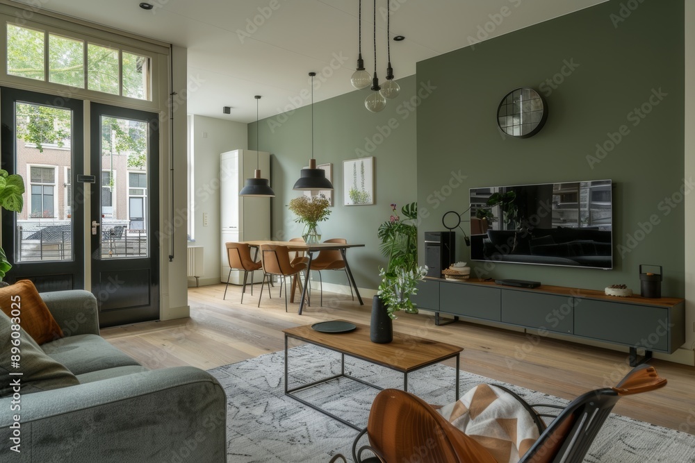 Interior of modern living room with green walls, wooden floor, grey sofa and dining table. Interior of modern living room with green walls, wooden floor, grey sofa and dining table.