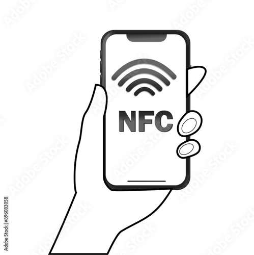 NFC technology. Hand holding Phone. Contactless wireless pay sign logo. Near Field Communication nfc payment concept. Contact less. NFC payment with mobile Credit card