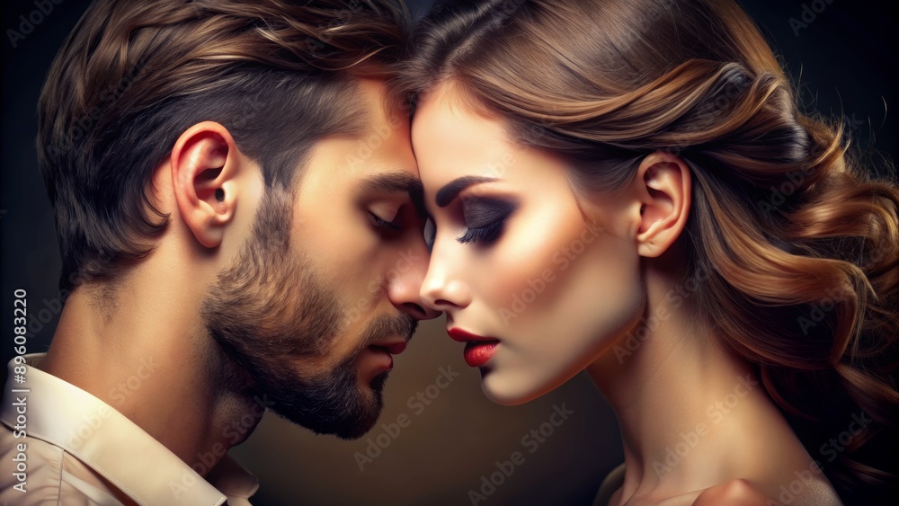 Intimate Moment Between Male and Female Models with Perfect Skin and Makeup, Sensual Attraction and Love, High-end Fashion Photography Intimate Moment Between Male and Female Models with Perfect Skin and Makeup, Sensual Attraction and Love, High-end Fashion Photography