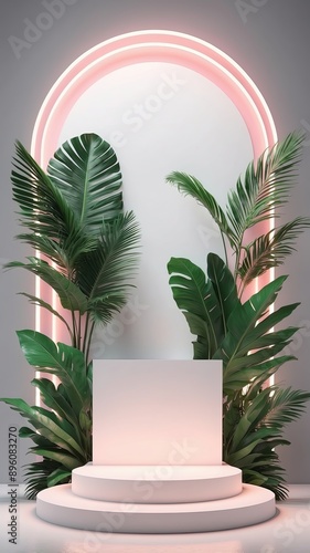 Beauty white 3D podium backdrop with neon light and tropical palm leaves