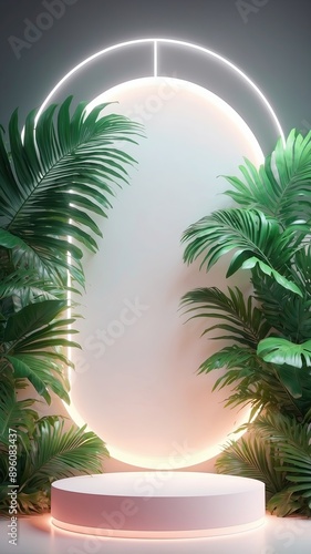Beauty white 3D podium backdrop with neon light and tropical palm leaves