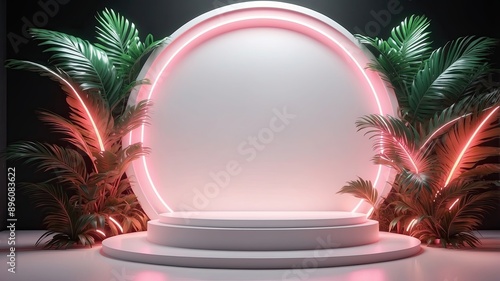 Beauty white 3D podium backdrop with neon light and tropical palm leaves