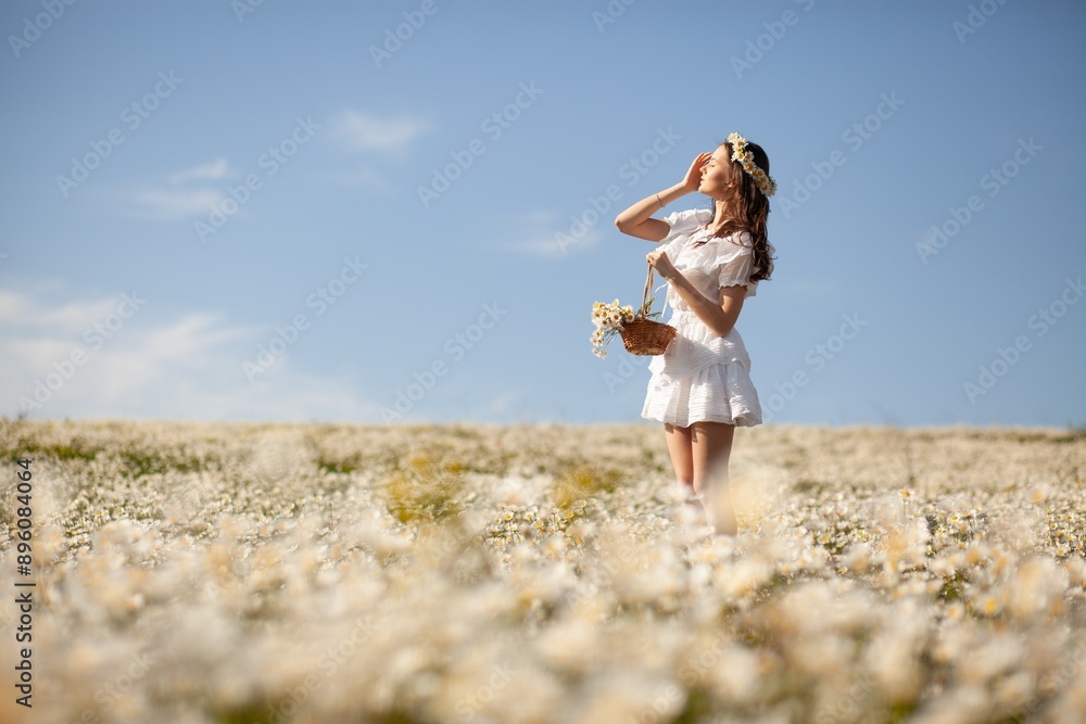 Beautiful girl with chamomile flowers walking in field Beautiful girl with chamomile flowers walking in field