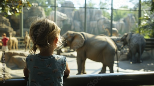 A little girl is looking at elephants in a zoo